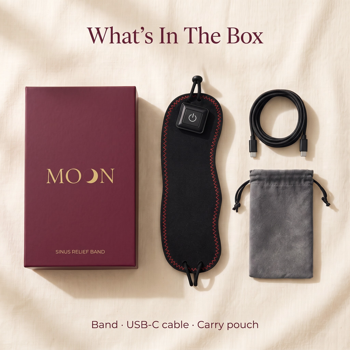What's in the box: MOON box, band, USB-C cable and carry pouch