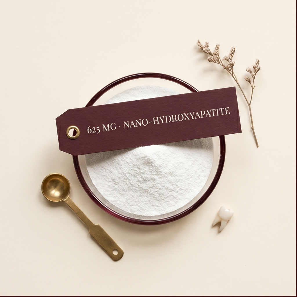 Hydroxyapatite (15%) — The same mineral your teeth are made of. Bonds directly to damaged enamel, fills micro-cracks and restores strength naturally — without fluoride.