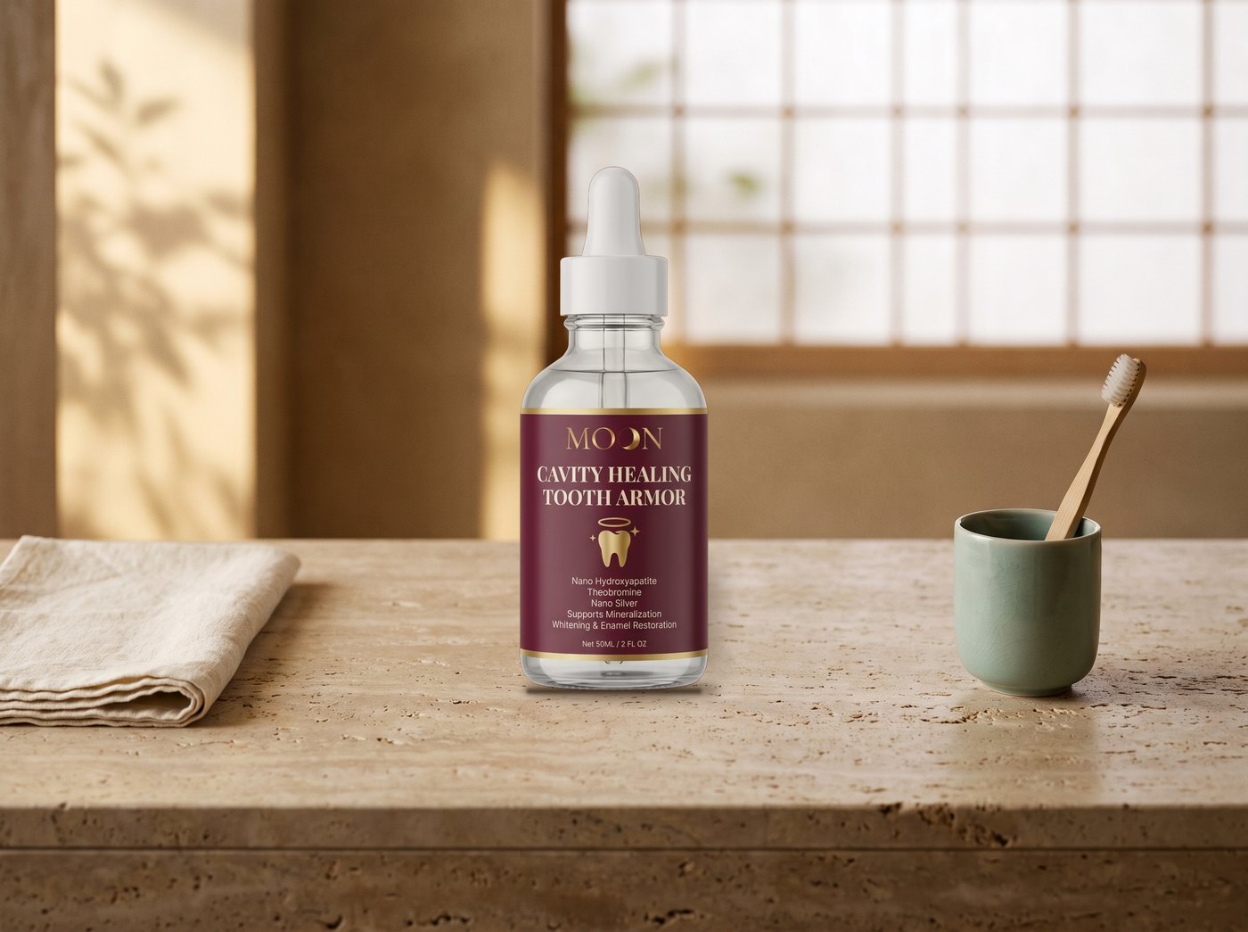 The MOON Tooth Armor dropper bottle on a travertine bathroom counter in the morning