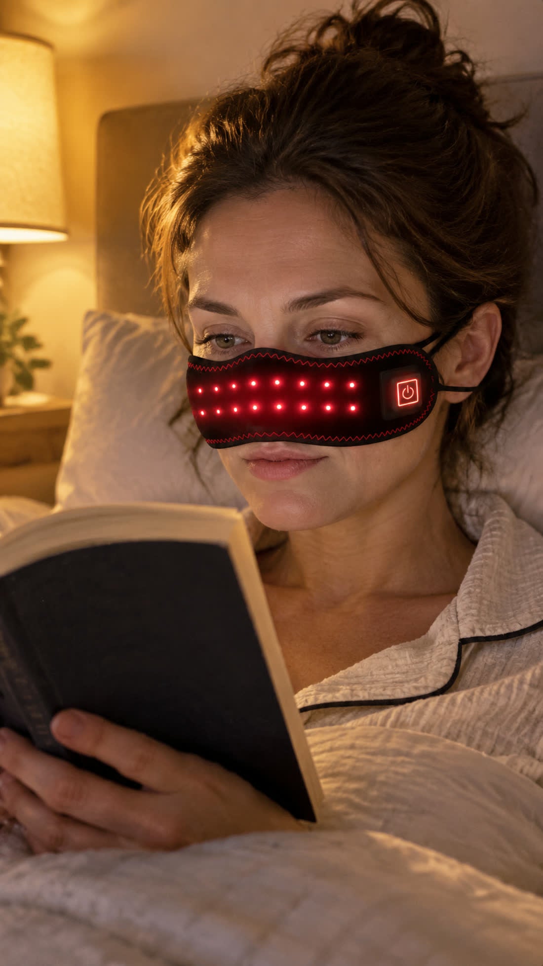 Woman reading in bed wearing the sinus band