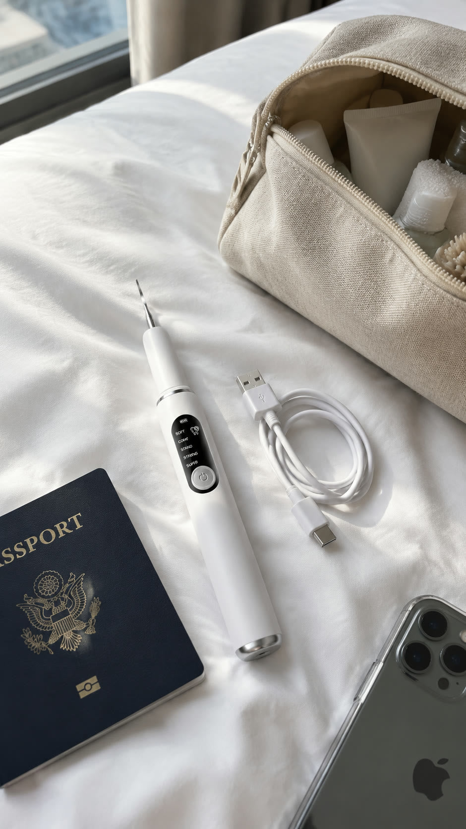 The cleaner with its USB-C cable next to a toiletry bag on a hotel bed
