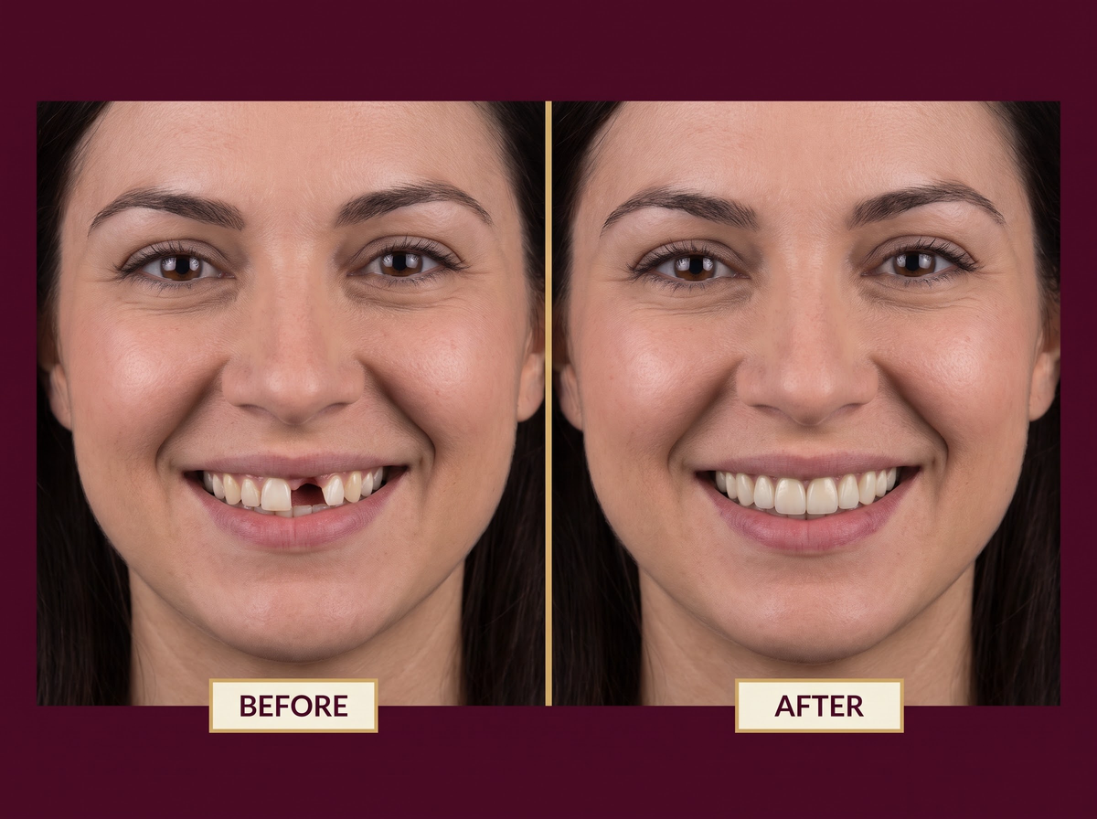 Before and after: gap of a missing front tooth filled