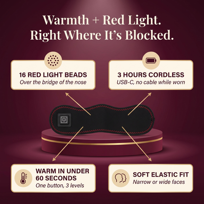 16 red light beads, 3 hours cordless, warm in under 60 seconds, soft elastic fit