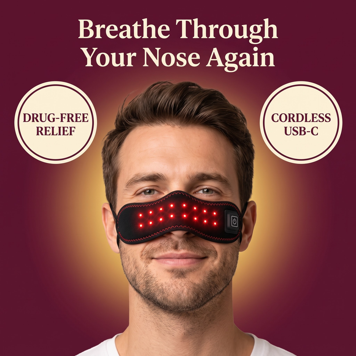MOON Sinus Relief Band worn over the nose, red lights on, drug-free and cordless