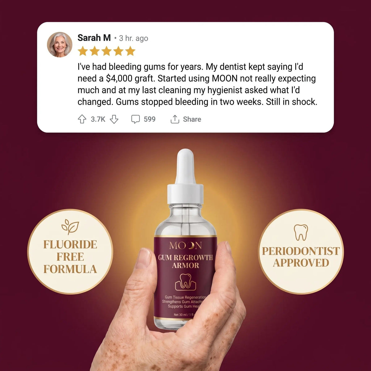 Moon Gum Regrowth Armor drops held in hand with a customer review, fluoride-free formula, periodontist approved