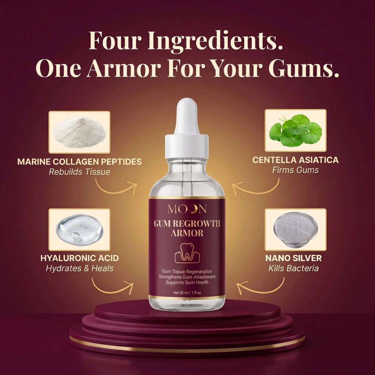 Four ingredients, one armor for your gums: marine collagen peptides, centella asiatica, hyaluronic acid, nano silver