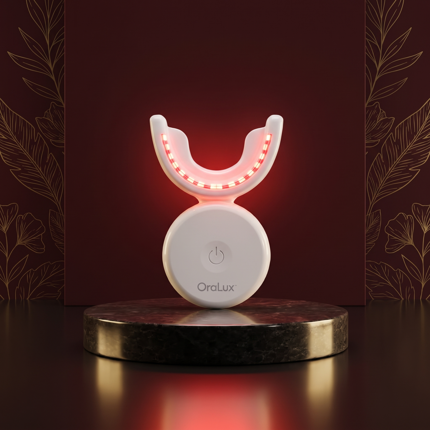 GumRevive device on a burgundy pedestal