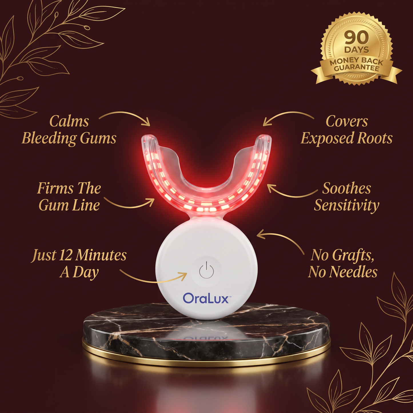 GumRevive benefits: calms bleeding gums, firms the gum line, covers exposed roots, soothes sensitivity, no grafts or needles, just 12 minutes a day
