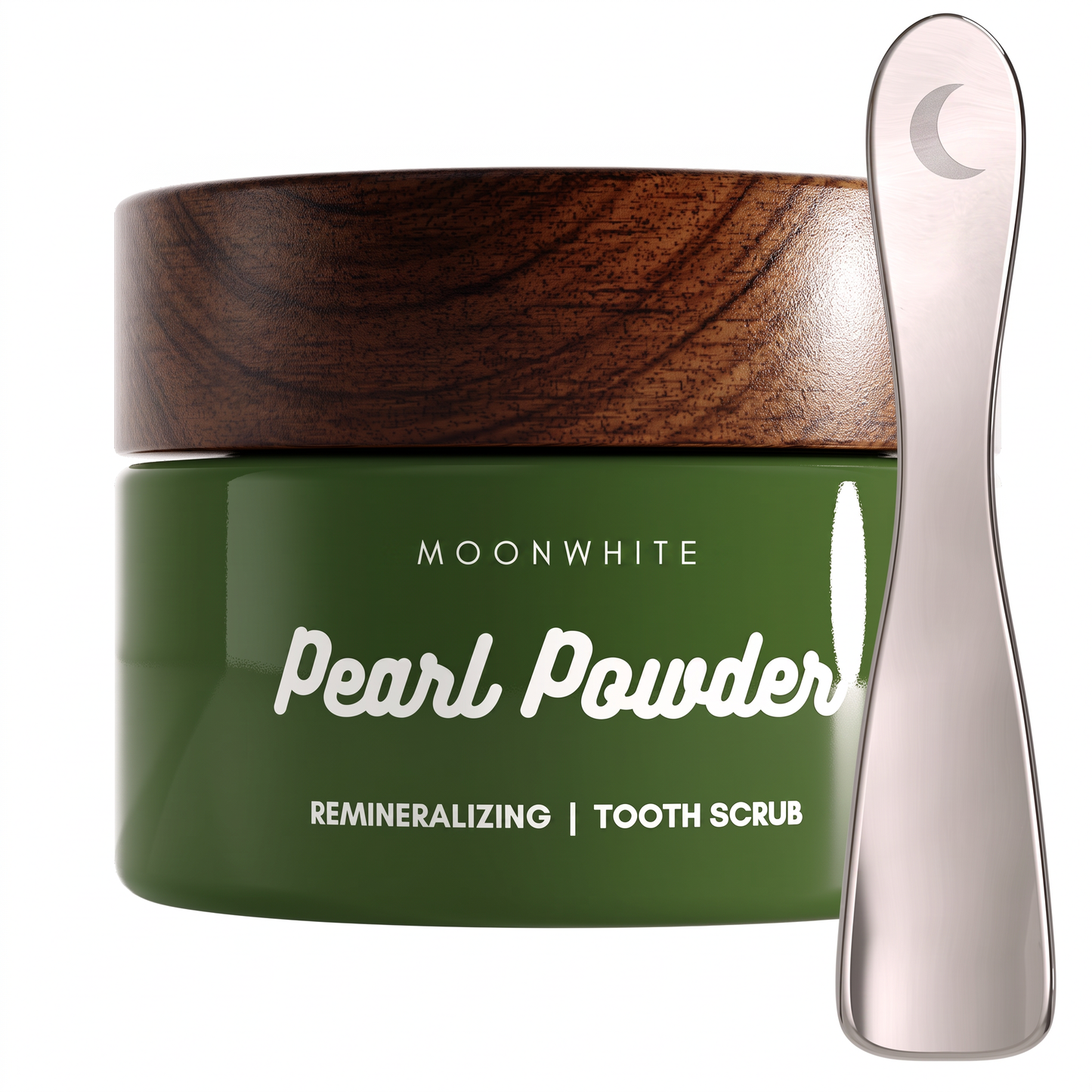 MoonWhite Pearl Powder Tooth Scrub jar with steel spatula
