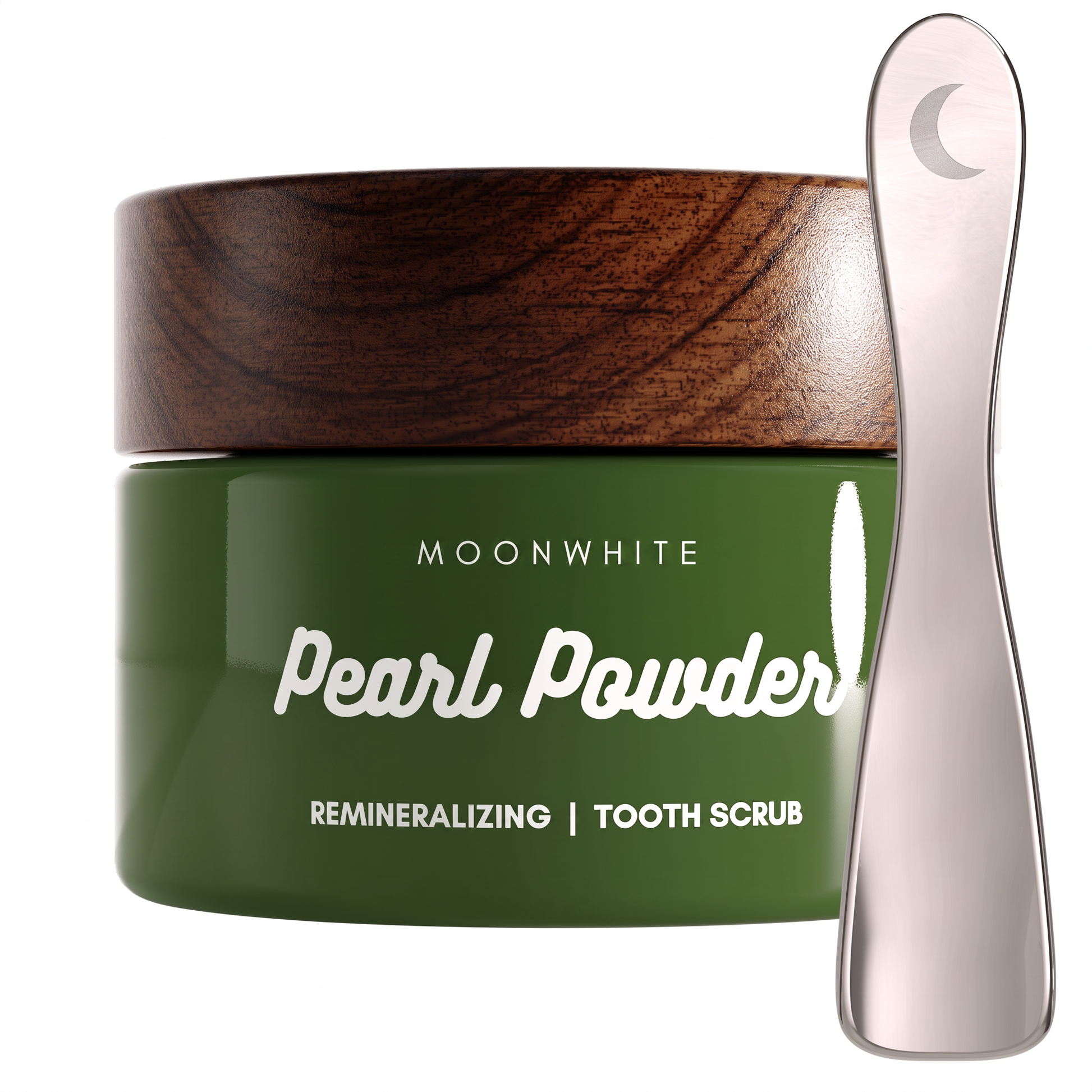 MoonWhite Pearl Powder Tooth Scrub jar with steel spatula