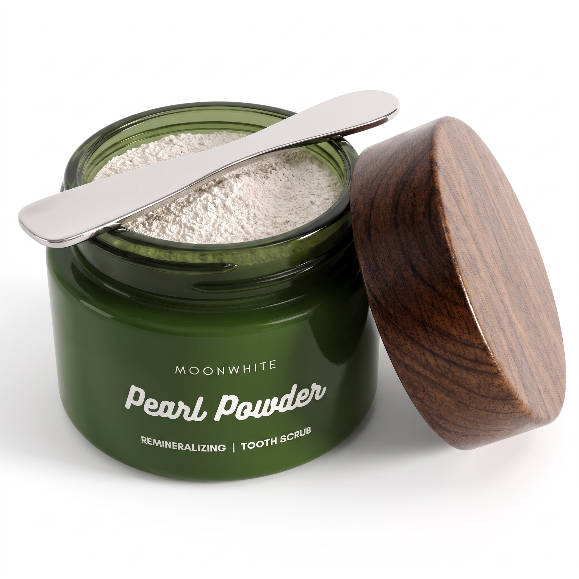 Pearl Powder jar open with mineral powder and spatula
