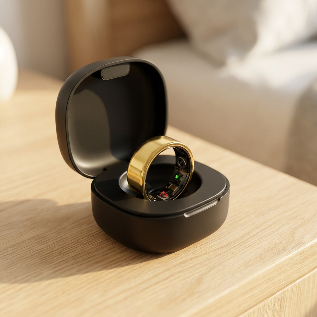 MoonRing resting in its portable charging case