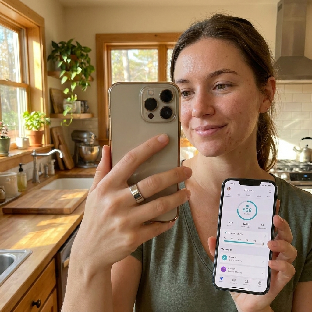 Verified customer checking the app with her silver MoonRing