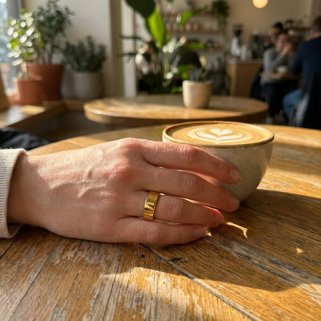 Verified customer wearing the gold MoonRing at a cafe