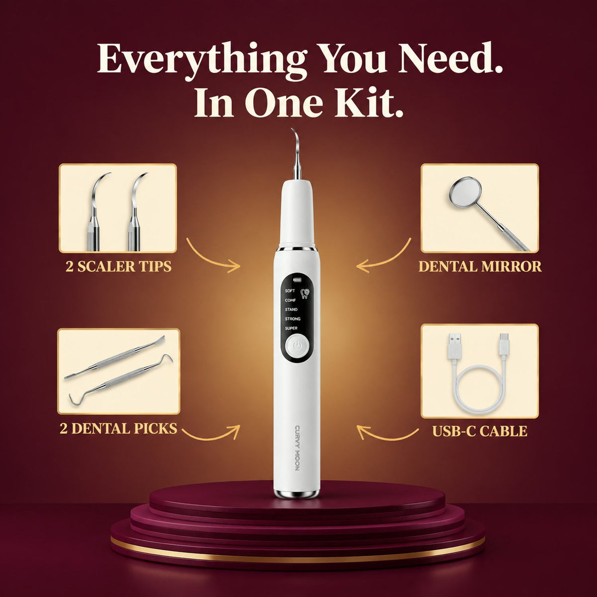 Everything in the kit: tips, mirror, picks and USB-C cable