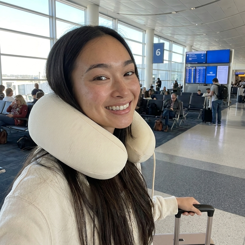 Customer with the Cloud Travel Pillow at the airport