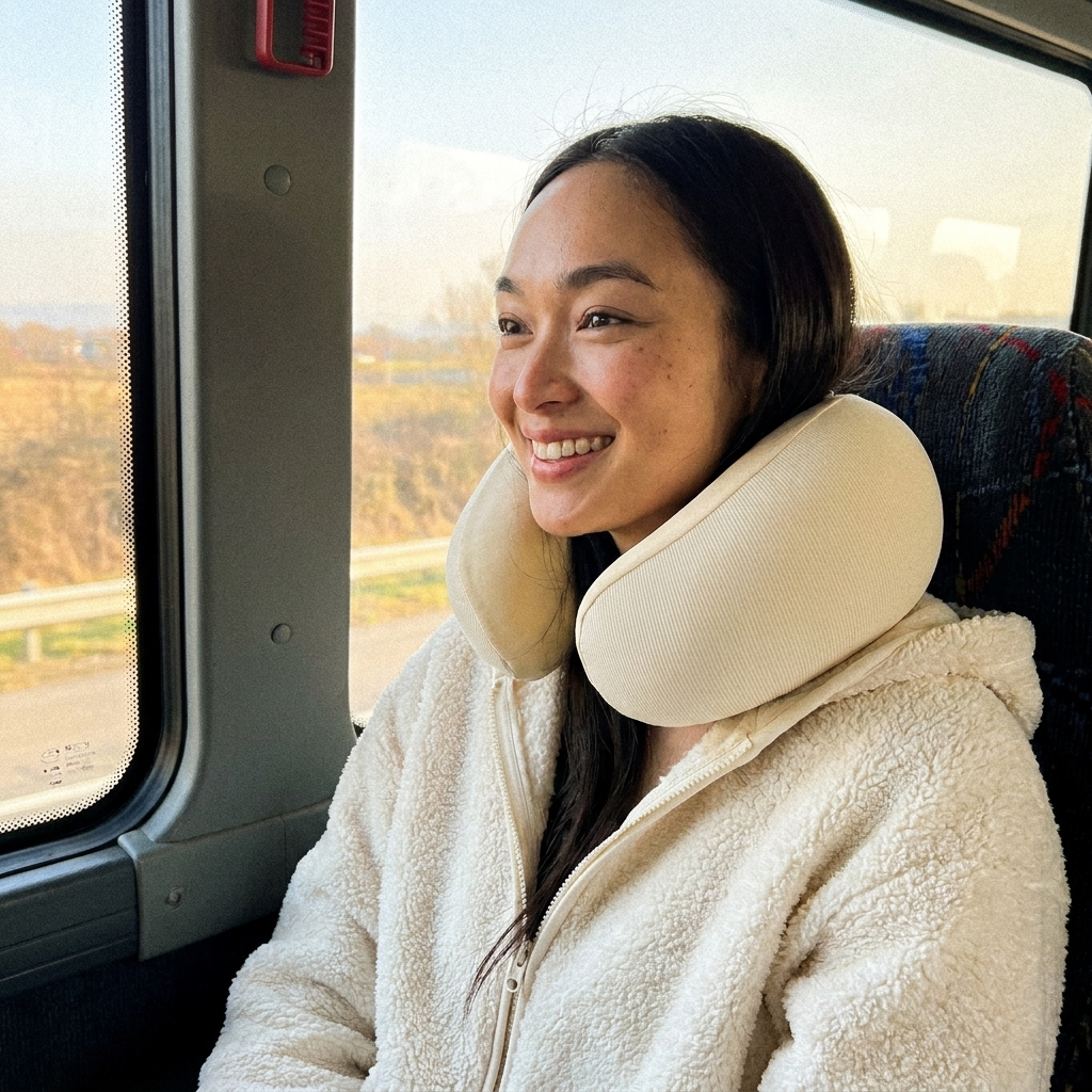 Customer using the Cloud Travel Pillow on a coach