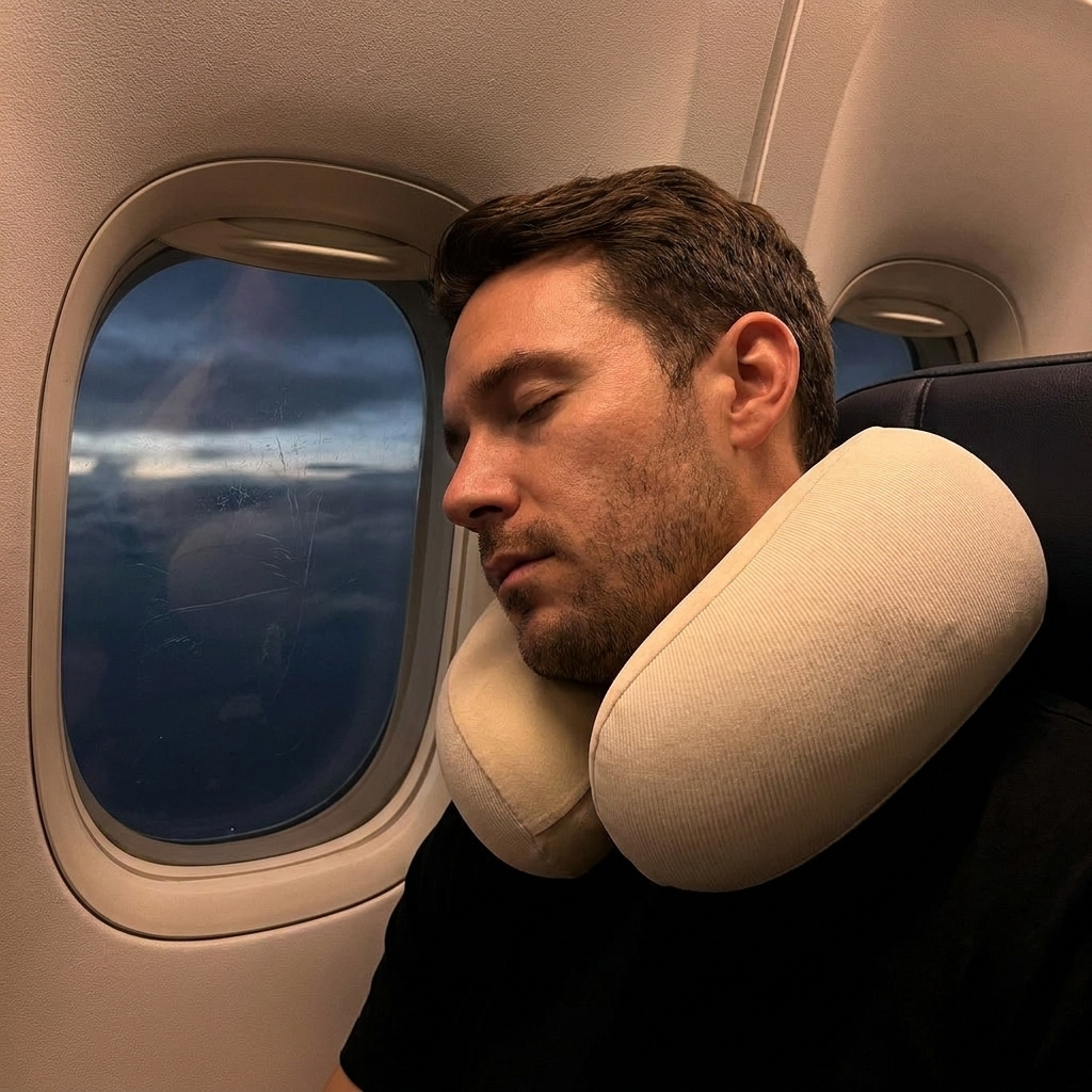 Customer sleeping with the Cloud Travel Pillow on a plane