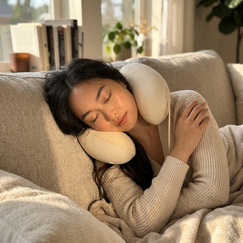 Customer relaxing with the Cloud Travel Pillow on a sofa