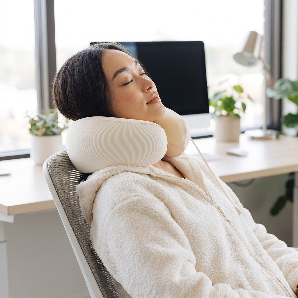 Using the Cloud Travel Pillow for a desk nap