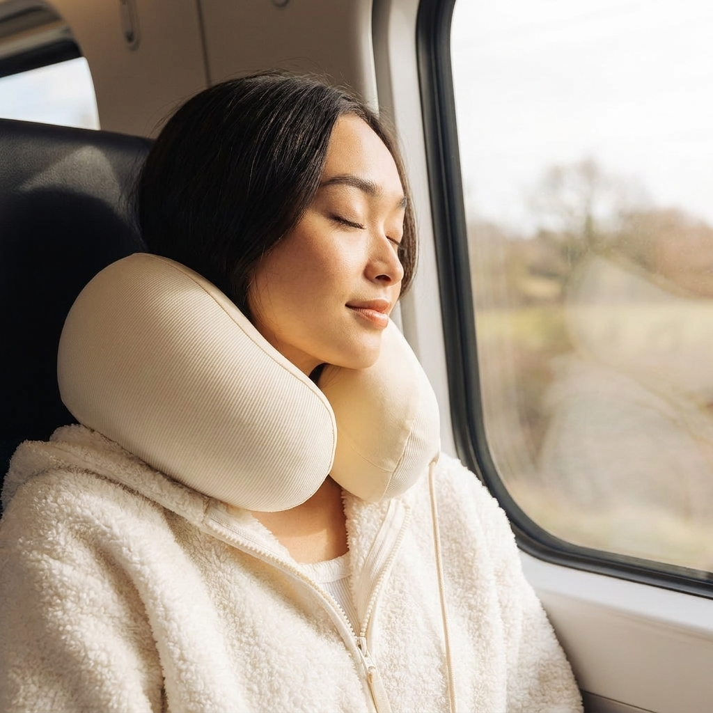 Using the Cloud Travel Pillow on a train