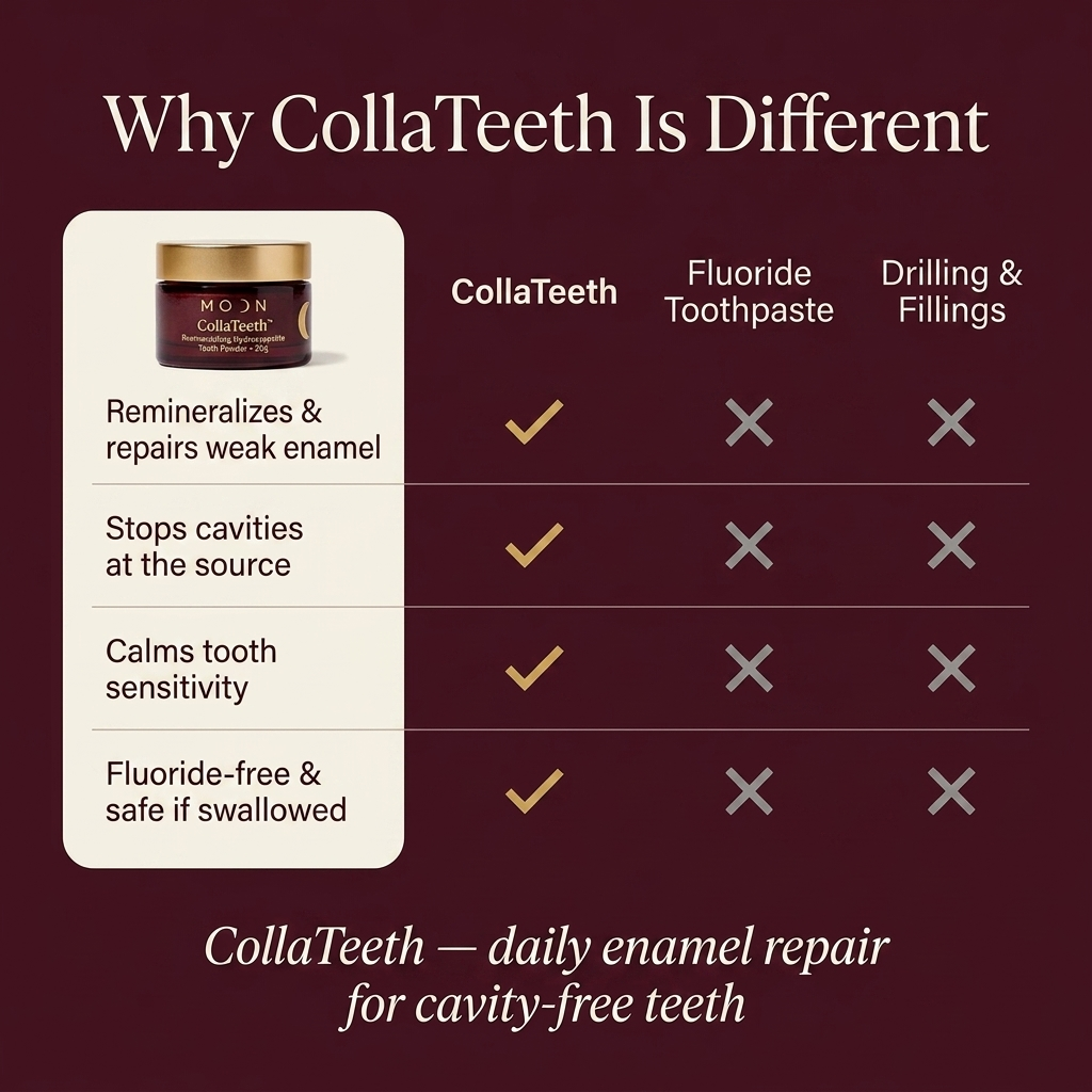 Why CollaTeeth Is Different — CollaTeeth vs fluoride toothpaste vs drilling and fillings
