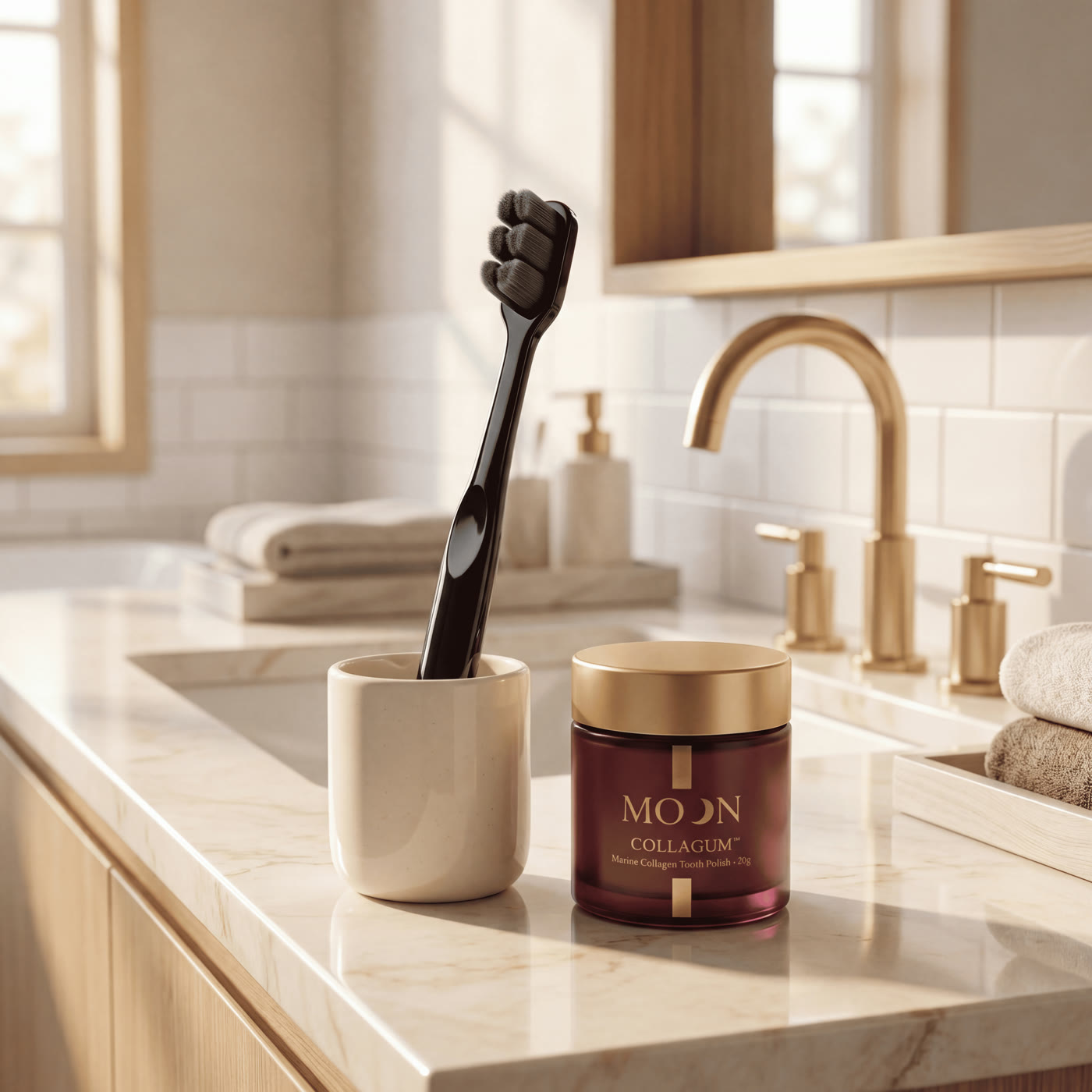 The Korean Gum Brush and CollaGum on a bathroom counter
