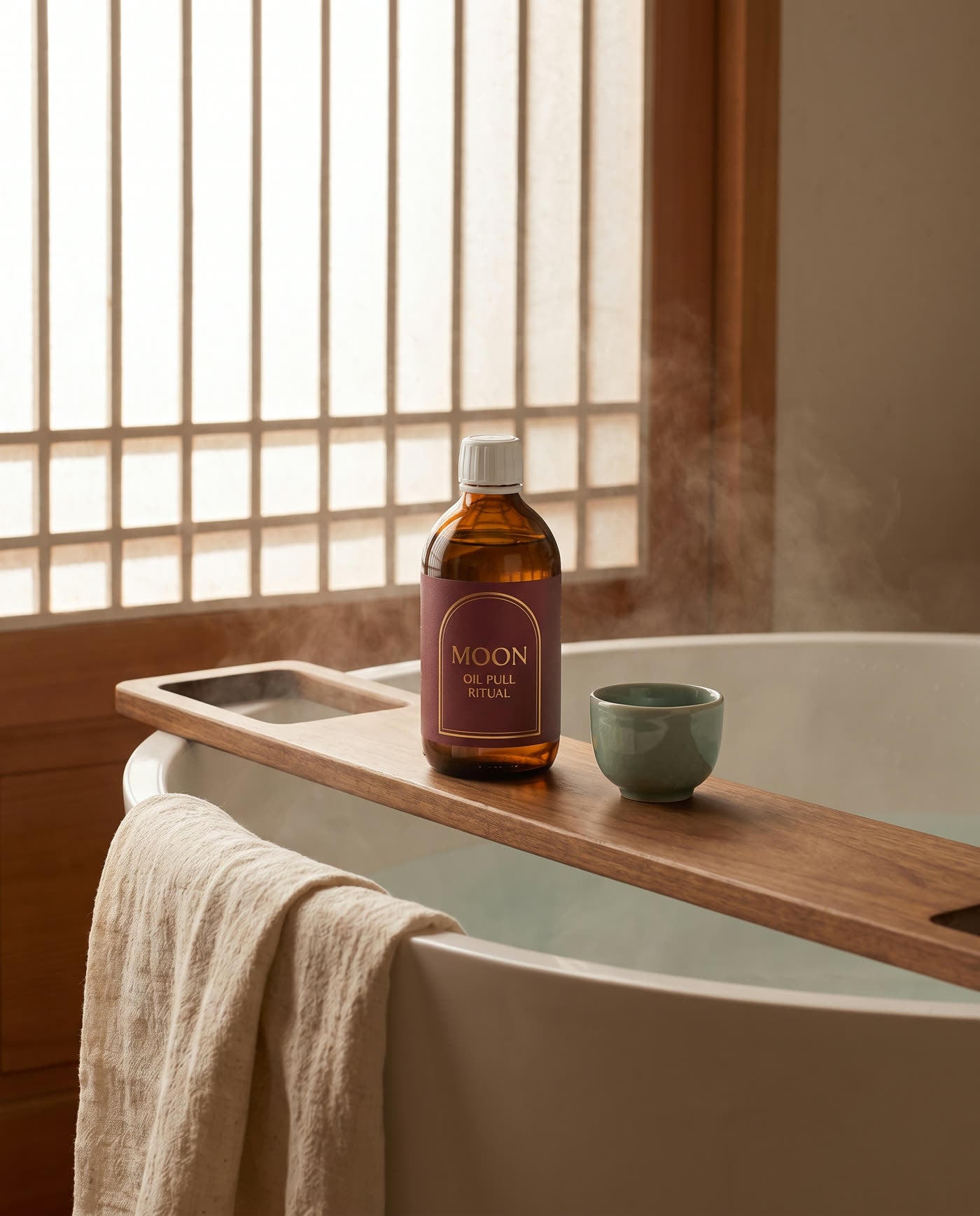 The Korean Oil Pulling bottle on a bath caddy in the morning