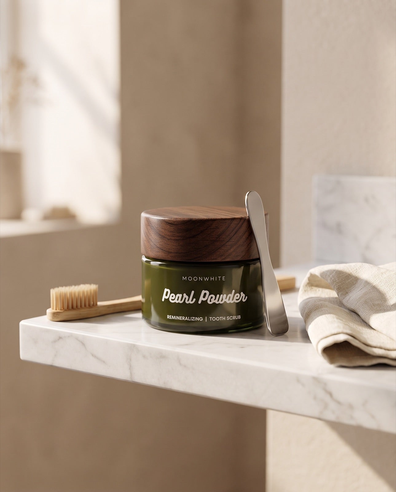 Pearl Powder on a marble bathroom shelf
