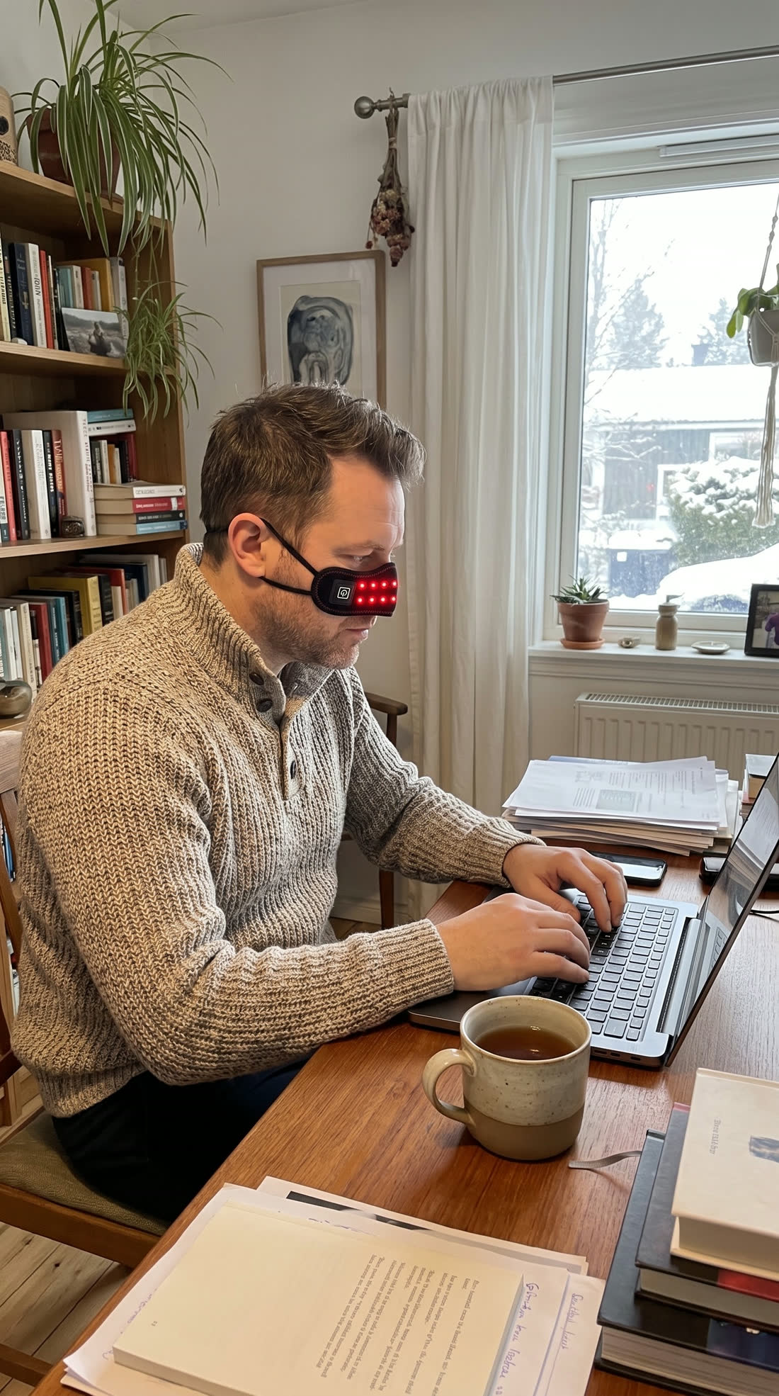 Man working at a laptop wearing the sinus band