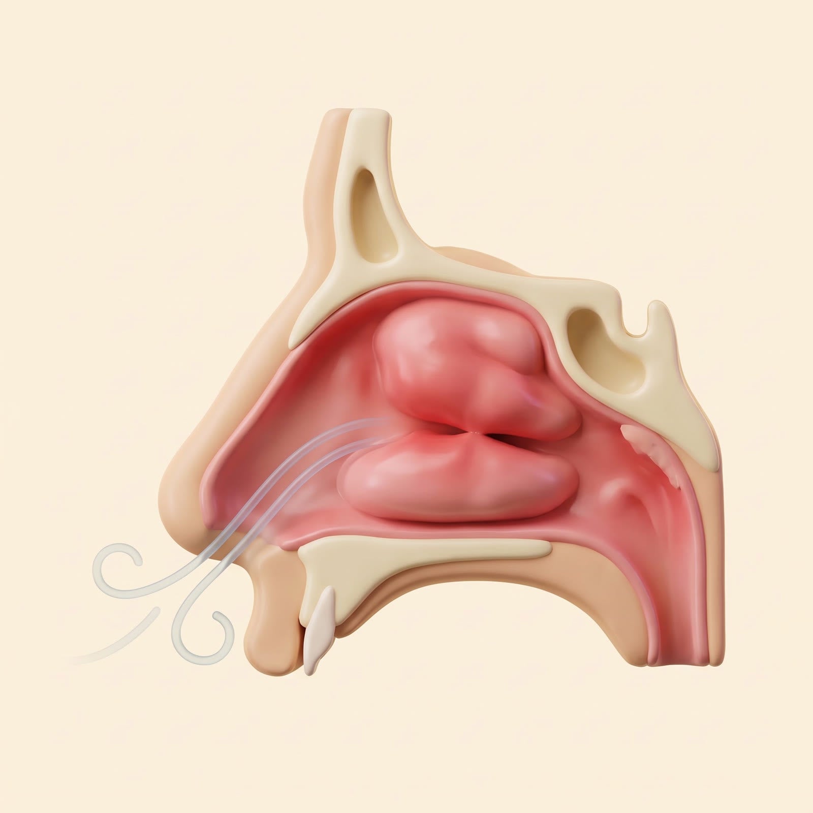 Cross-section of a nose showing a swollen nasal lining narrowing the airway