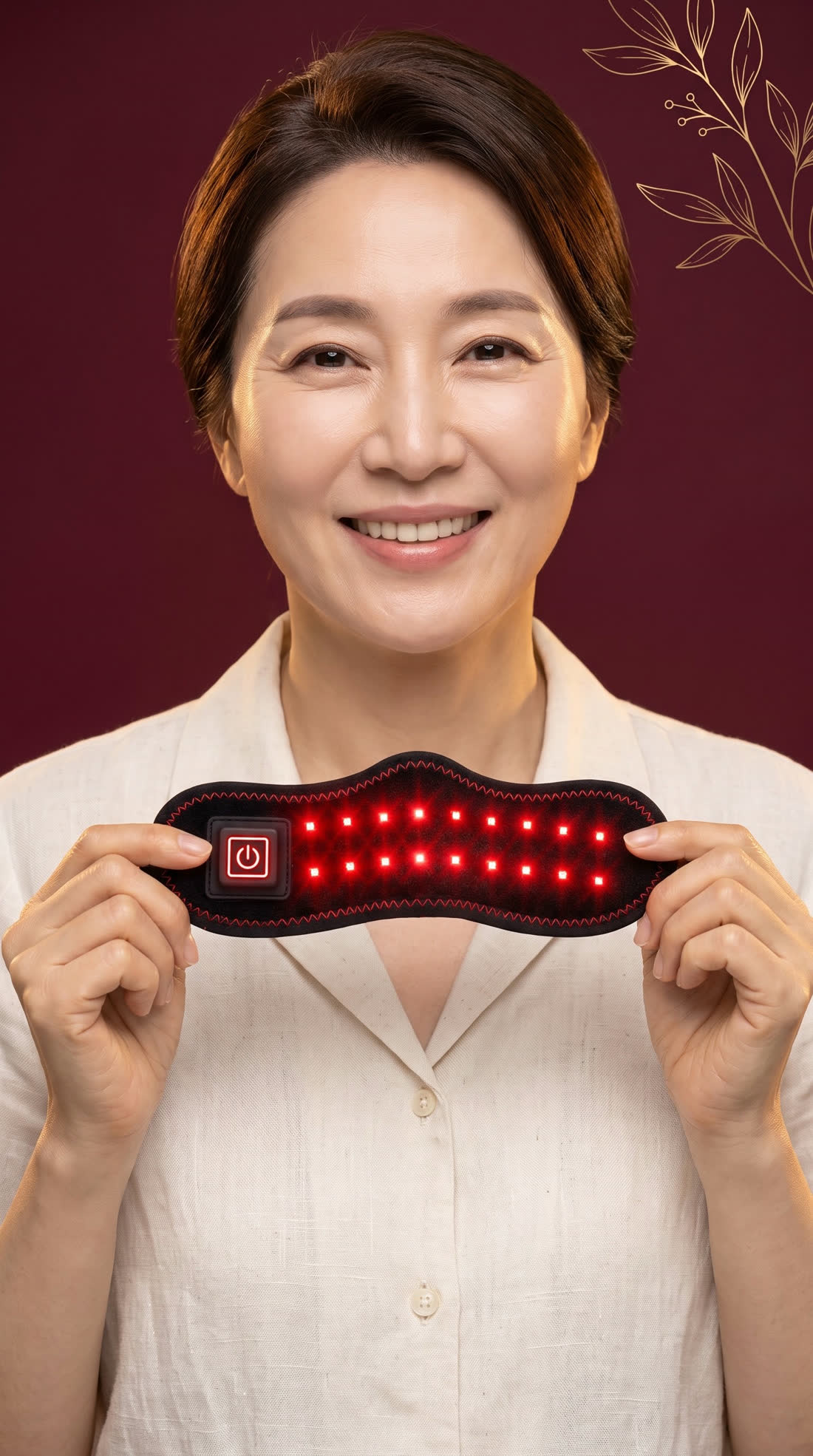 Woman holding the MOON Sinus Relief Band with its red lights on