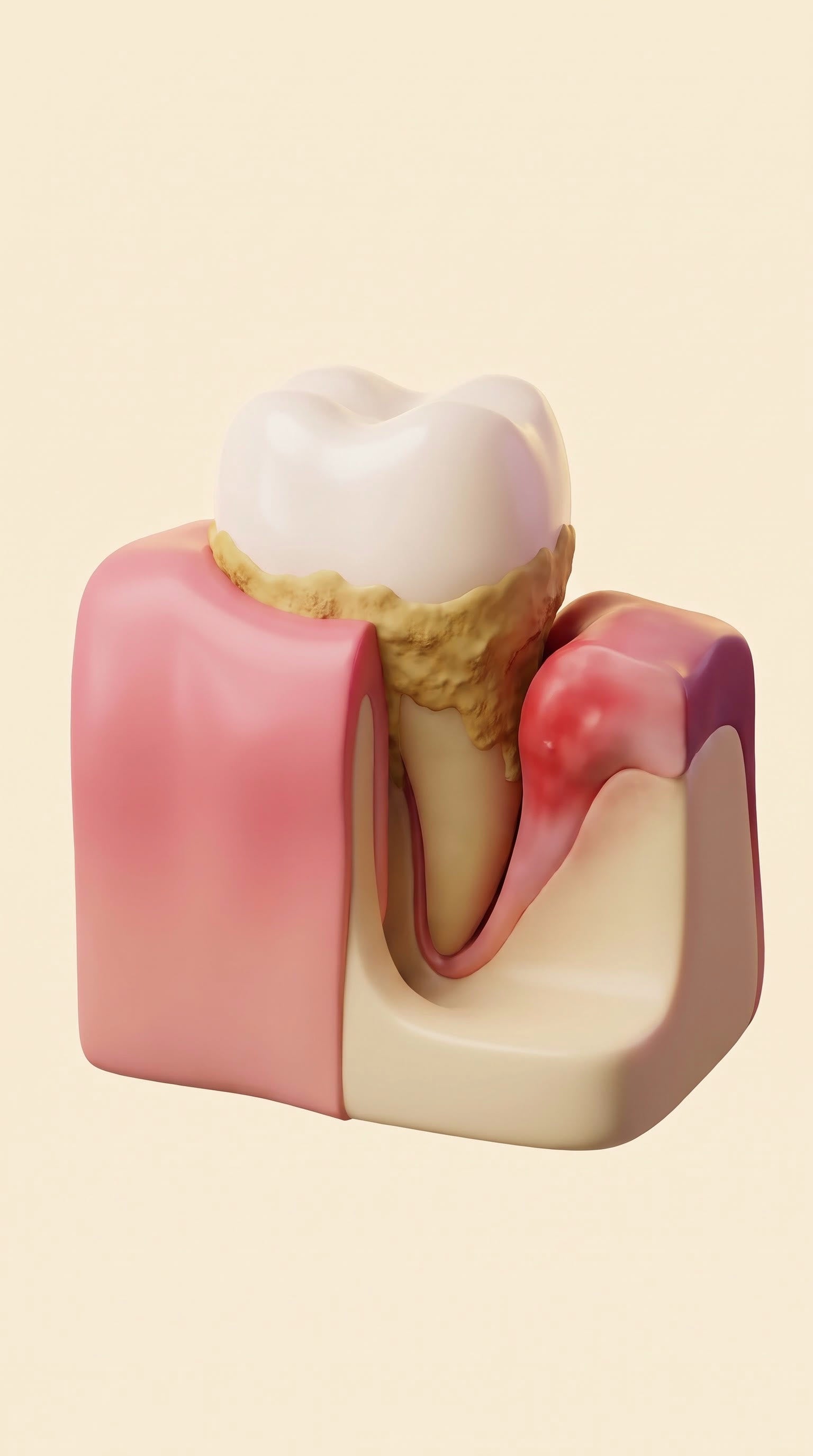 Cross-section of a molar with a hard tartar crust at the gumline